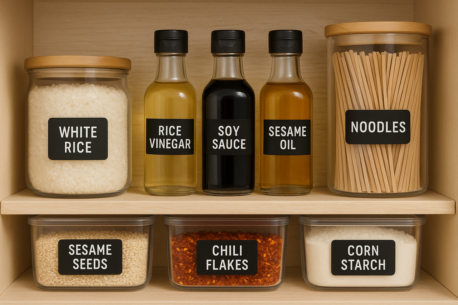 Organized pantry shelf with labeled Asian cooking ingredients