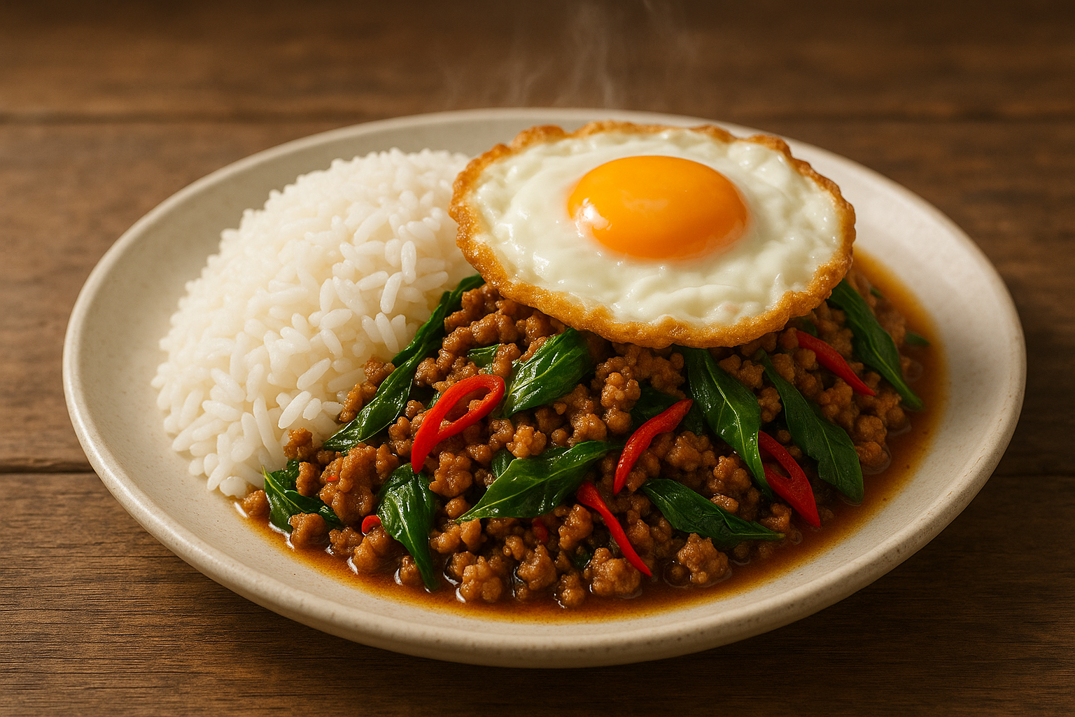 Steaming pad kra pao with fried egg on top and jasmine rice on the side