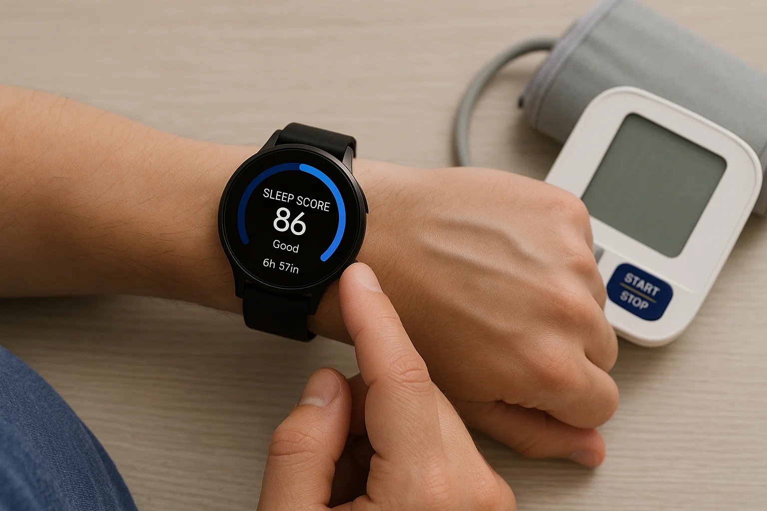 Person checking sleep score on a smartwatch beside a blood pressure cuff