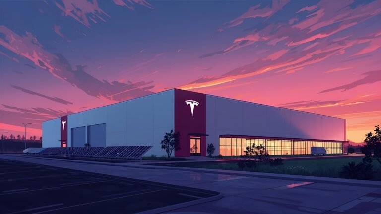 Tesla Gigafactory Texas exterior at dusk, wide shot